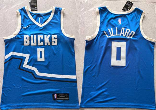 Mens Milwaukee Bucks #0 Damian Lillard Royal 2024 City Edition Stitched Basketball Jersey